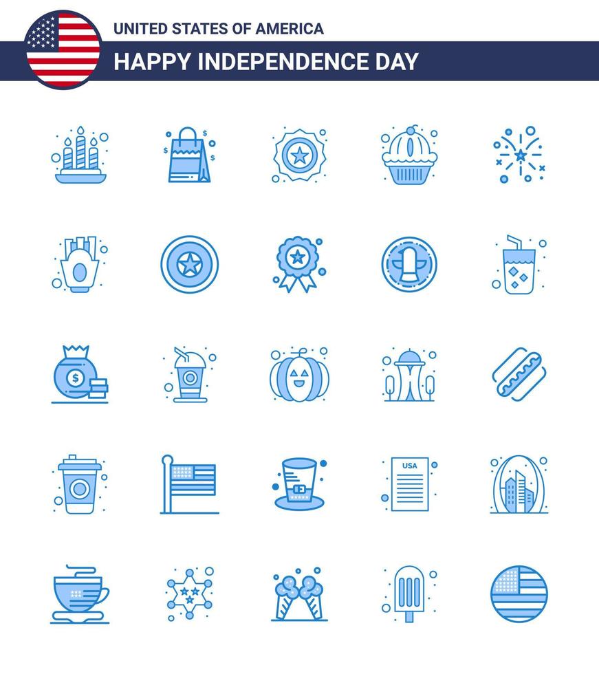 feliz día de la independencia paquete de ee.uu. de 25 blues creativos de muffin de pastel de seguridad de fuegos artificiales americanos elementos de diseño vectorial editables del día de ee.uu. vector