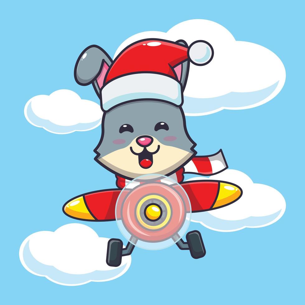 lindo conejo con sombrero de santa volando con avión. linda ilustración de dibujos animados de navidad. vector