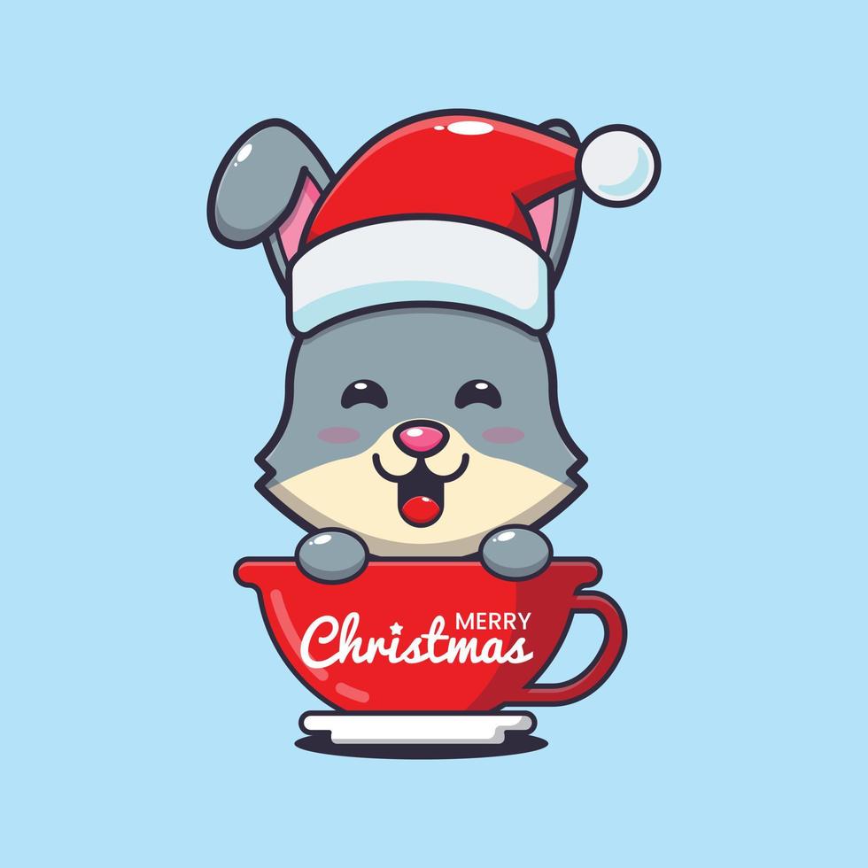 Cute rabbit  wearing santa hat in cup. Cute christmas cartoon illustration. vector