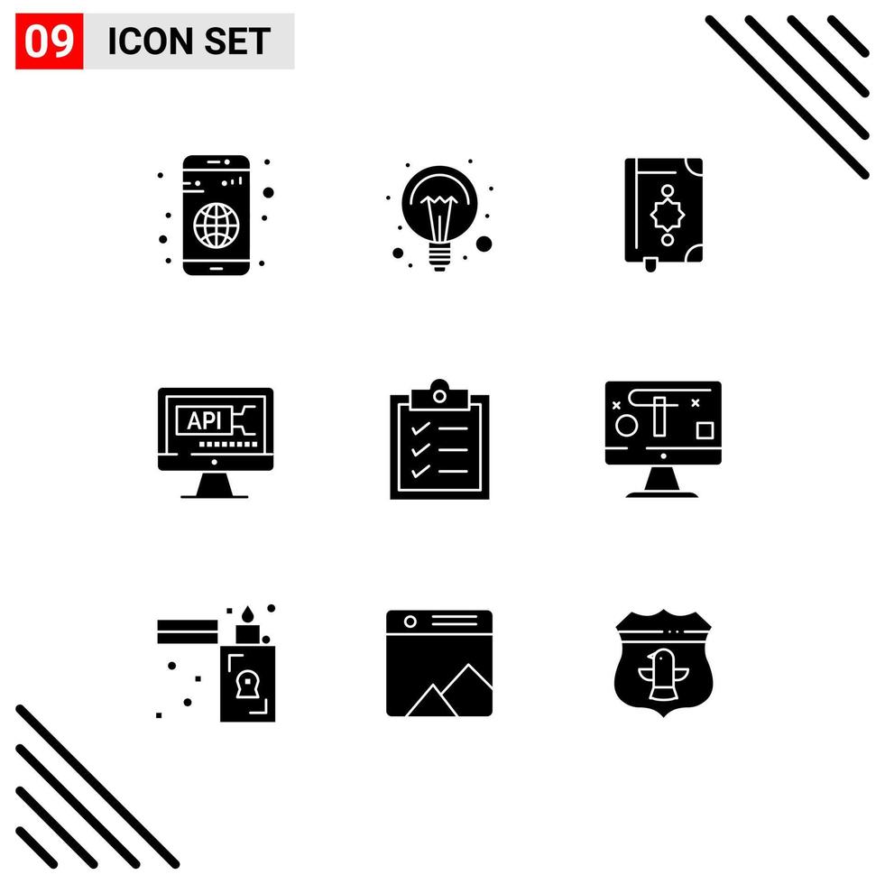 Mobile Interface Solid Glyph Set of 9 Pictograms of education code light bulb computer ramadhan Editable Vector Design Elements