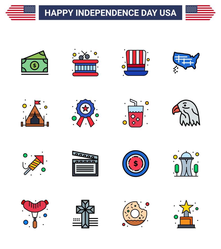 conjunto de 16 iconos del día de los ee.uu. símbolos americanos signos del día de la independencia para el sombrero del campamento de la tienda estados de los ee.uu. elementos de diseño vectorial del día de los ee.uu. editables vector