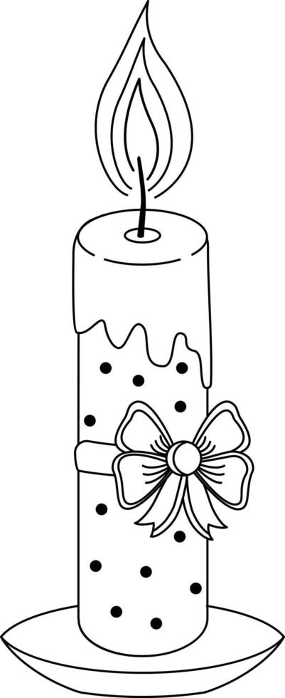 Vector illustration of a Christmas candle. Black and white illustration. Festive illustration with a burning candle decorated with a Christmas bow.  Vector illustration in a fashionable style