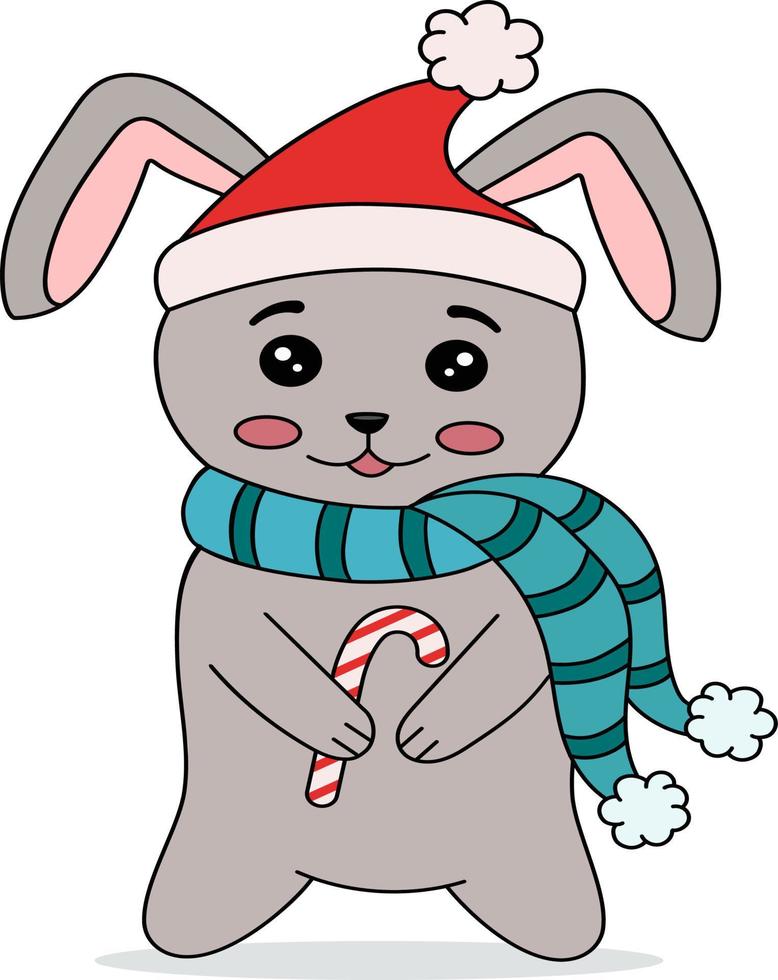 Cute Christmas bunny with lollipop candy. Funny Christmas character for design, printing, postcards, posters. Flat cartoon vector illustration on a white background.The symbol of the Chinese New Year