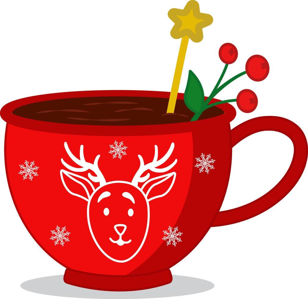 Hot chocolate with Christmas lollipops in a red cup with a deer. Vector illustration. Merry Christmas and Happy New Year cup with sweets. Cartoon-style illustration.Elements of vector design.