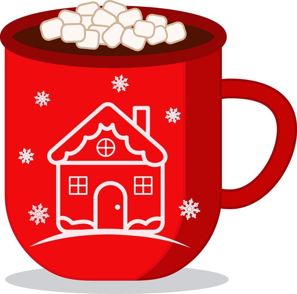 Hot chocolate with marshmallows in a red cup for Christmas. Merry Christmas and New Year cup with sweets. Elements of vector design.Suitable for Christmas design and coloring, advertising, postcards