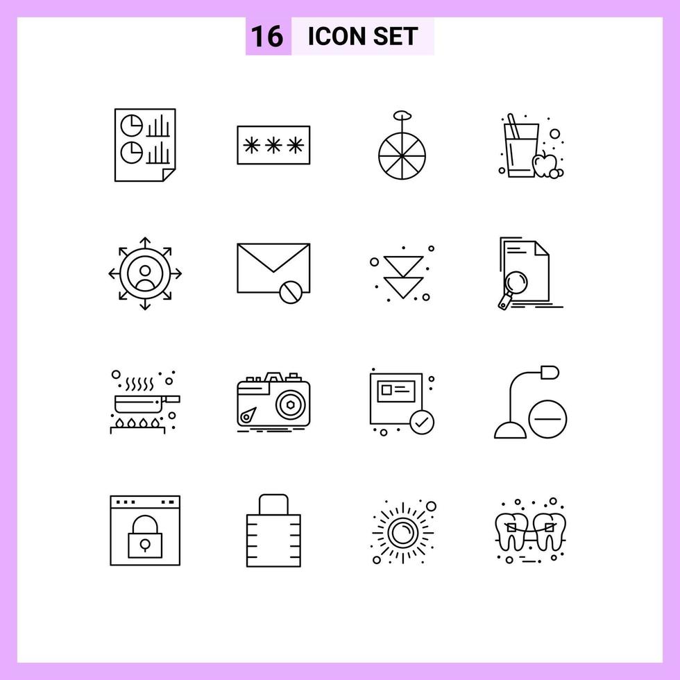 Modern Set of 16 Outlines and symbols such as growth glass password fruit juice circus Editable Vector Design Elements