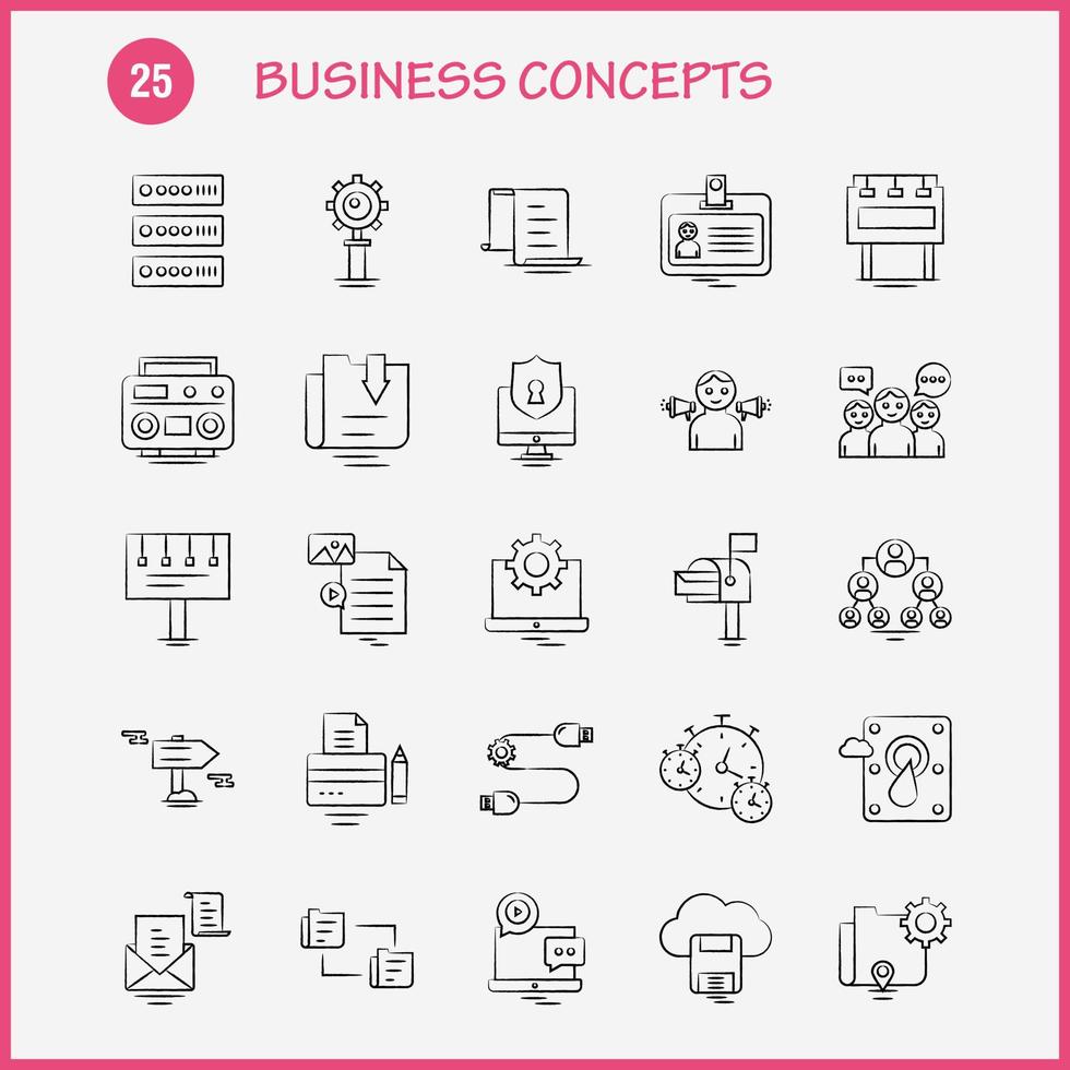 Business Concepts Hand Drawn Icons Set For Infographics Mobile UXUI Kit And Print Design Include Camcorder Media Video Media Player Locked Share Gear Collection Modern Infographic Logo and vector