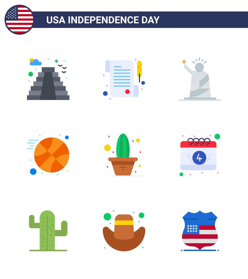 Set of 9 Vector Flats on 4th July USA Independence Day such as plant cactus liberty sports basketball Editable USA Day Vector Design Elements