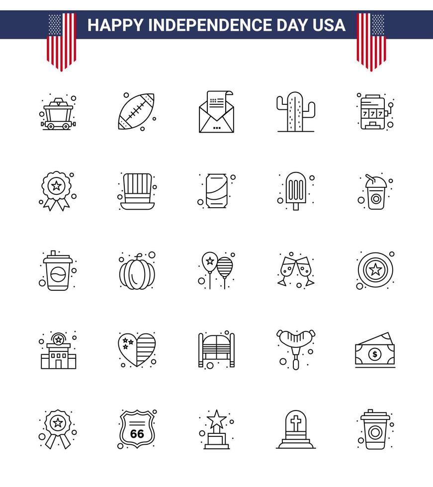 conjunto de líneas del día de la independencia de estados unidos de 25 pictogramas de estados unidos de la máquina sobre americano abundante cactus elementos de diseño vectorial del día de estados unidos editables vector