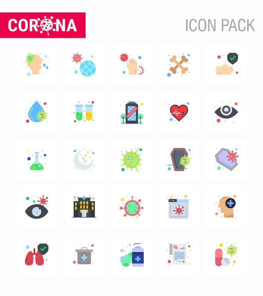 25 Flat Color Set of corona virus epidemic icons such as clean cross virus bones hands viral coronavirus 2019nov disease Vector Design Elements