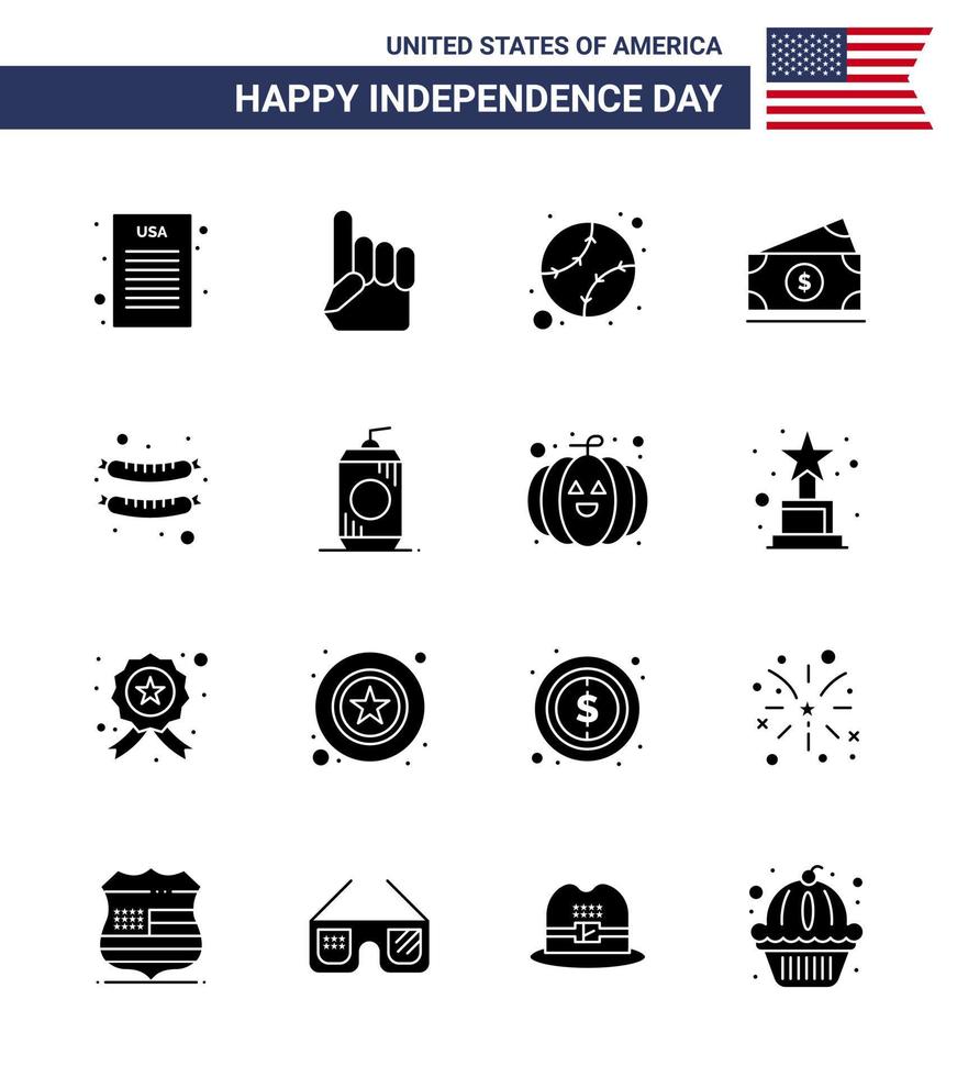 16 Solid Glyph Signs for USA Independence Day sausage food baseball usa money Editable USA Day Vector Design Elements