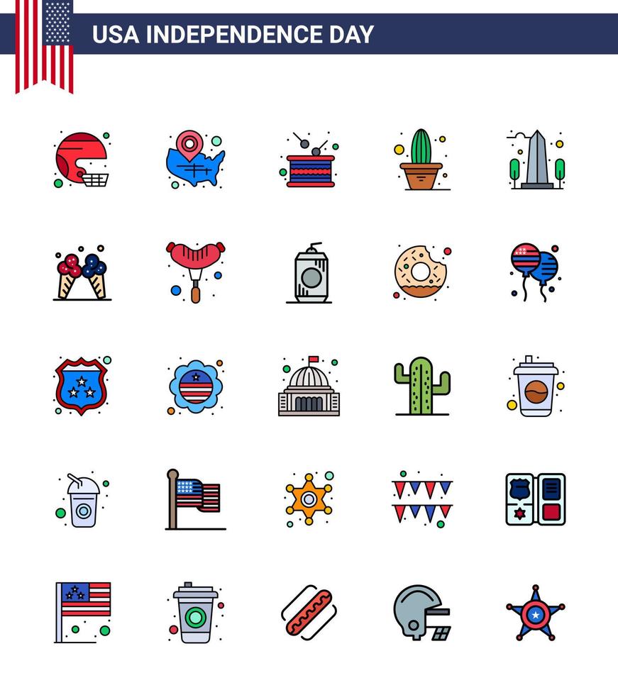 paquete de iconos de vector de stock del día americano 25 signos y símbolos de línea plana llena para la independencia de la flor tambor de independencia de estados unidos elementos de diseño de vector de día de estados unidos editables