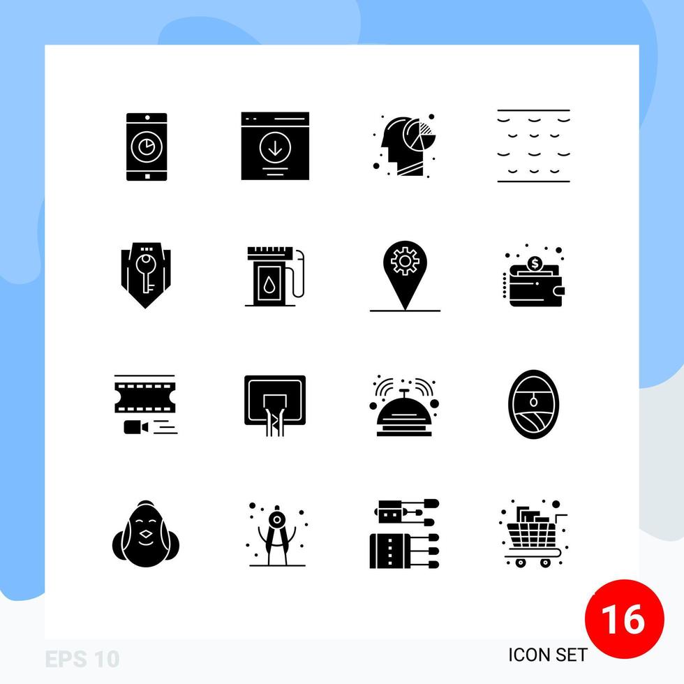 Group of 16 Solid Glyphs Signs and Symbols for access water user sea human Editable Vector Design Elements