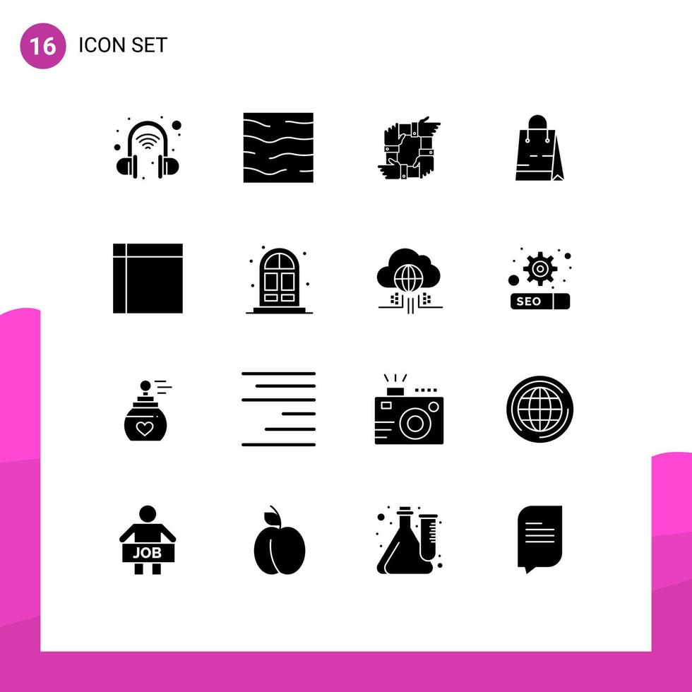 paquete de 16 signos y símbolos de glifos sólidos modernos para medios de impresión web, como elementos de diseño de vectores editables de asociación de bolsa de trabajo en equipo de comercio electrónico de tienda