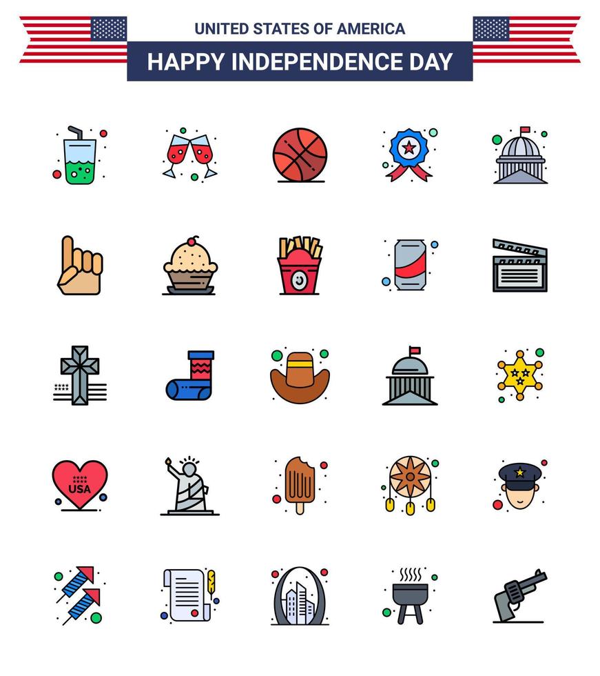 Pack of 25 USA Independence Day Celebration Flat Filled Lines Signs and 4th July Symbols such as landmark building ball police investigating Editable USA Day Vector Design Elements