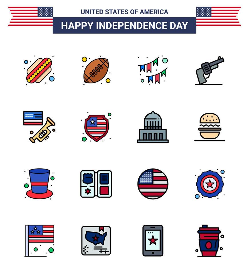 usa feliz día de la independencia pictograma conjunto de 16 líneas planas simples llenas de altavoz empavesados americanos arma pistola editable usa día elementos de diseño vectorial vector