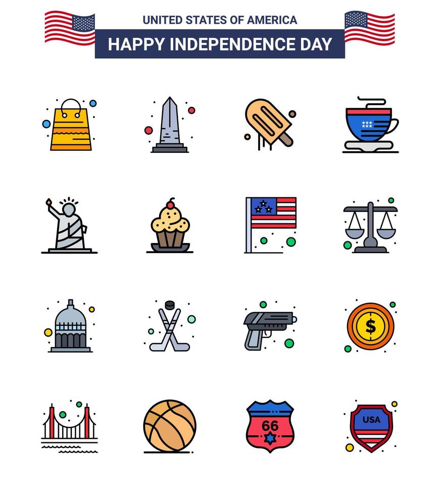 paquete de 16 signos de líneas llenas planas de celebración del día de la independencia de estados unidos y símbolos del 4 de julio como el café de la libertad taza de washington estados unidos elementos de diseño vectorial editables del día de estados unidos vector