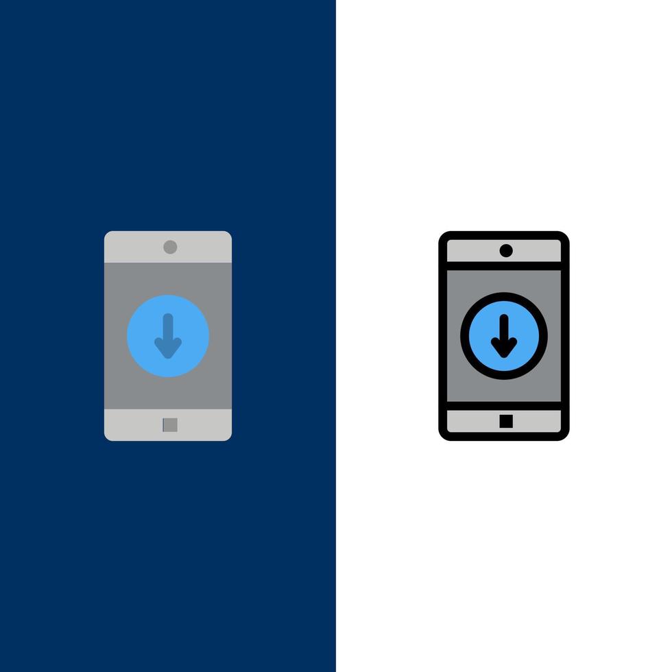 aplicación móvil aplicación móvil iconos de flecha hacia abajo plano y conjunto de iconos llenos de línea vector fondo azul