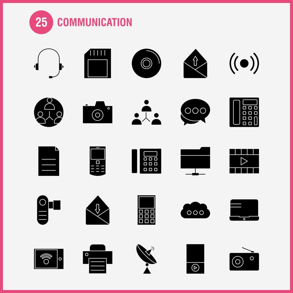 los iconos de glifo sólido de comunicación establecidos para infografías el kit de uxui móvil y el diseño de impresión incluyen computadora portátil dispositivo electrónico chat móvil sms colección de comunicación infografía moderna vector