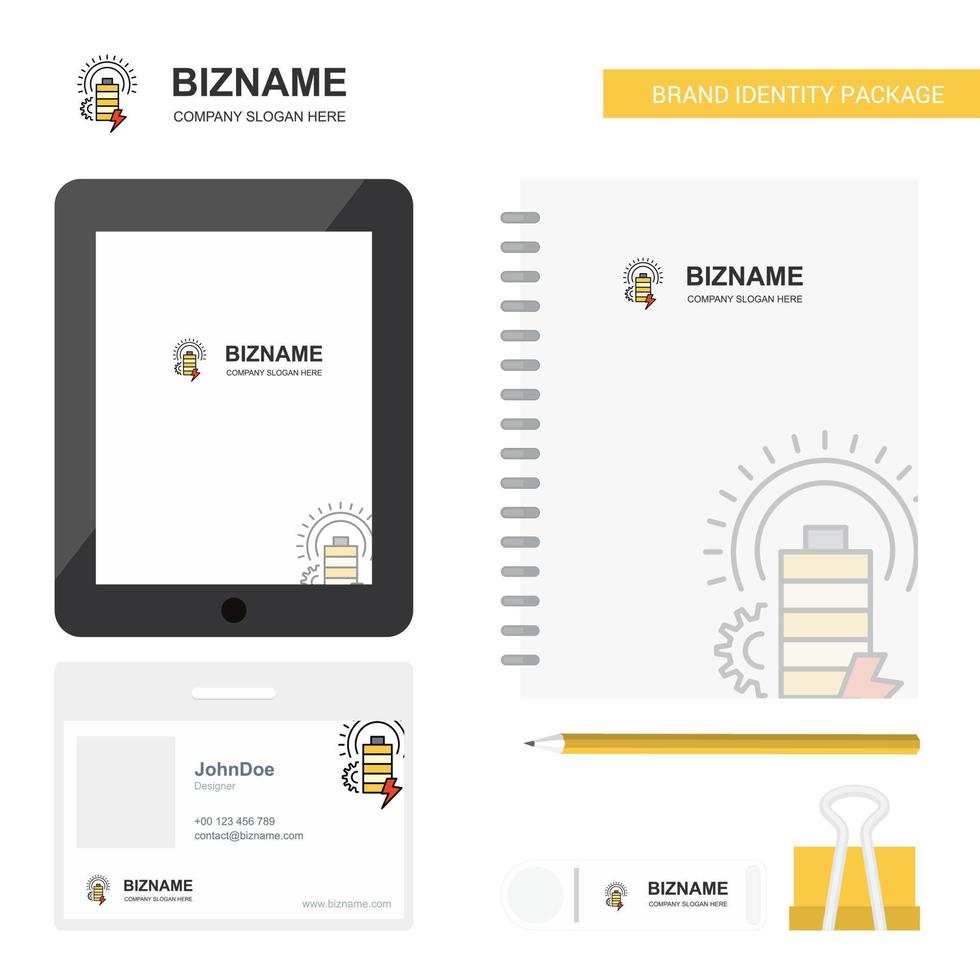 Battery Business Logo Tab App Diary PVC Employee Card and USB Brand Stationary Package Design Vector Template