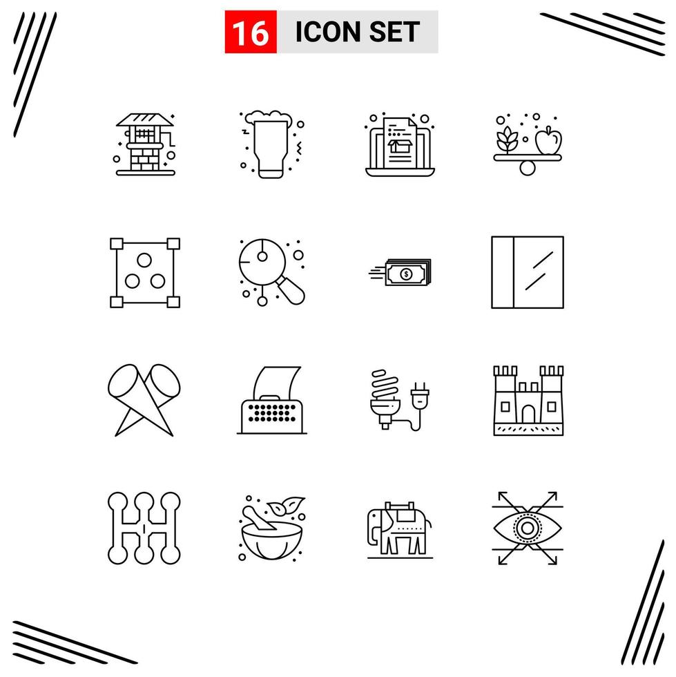 Mobile Interface Outline Set of 16 Pictograms of design vegetable glass health apple Editable Vector Design Elements
