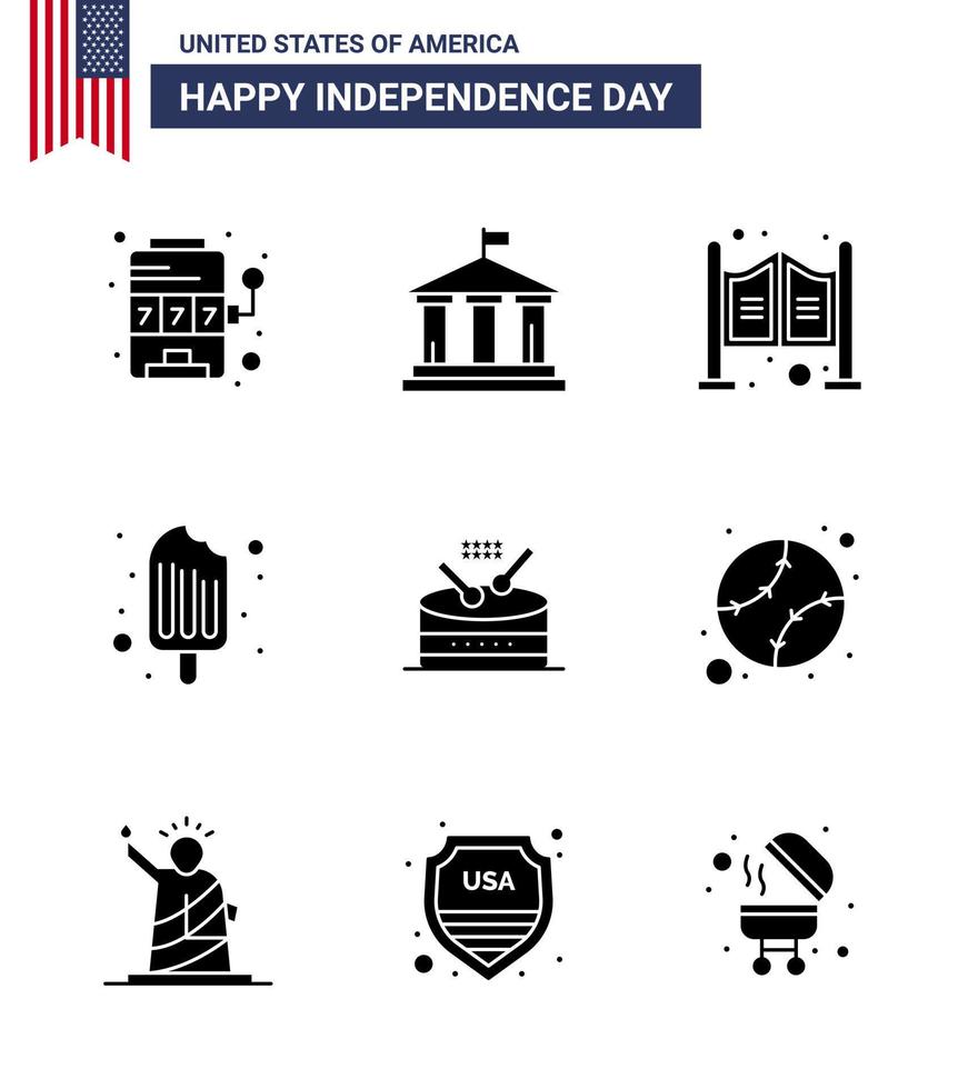 Modern Set of 9 Solid Glyphs and symbols on USA Independence Day such as instrument ice cream door food cold Editable USA Day Vector Design Elements