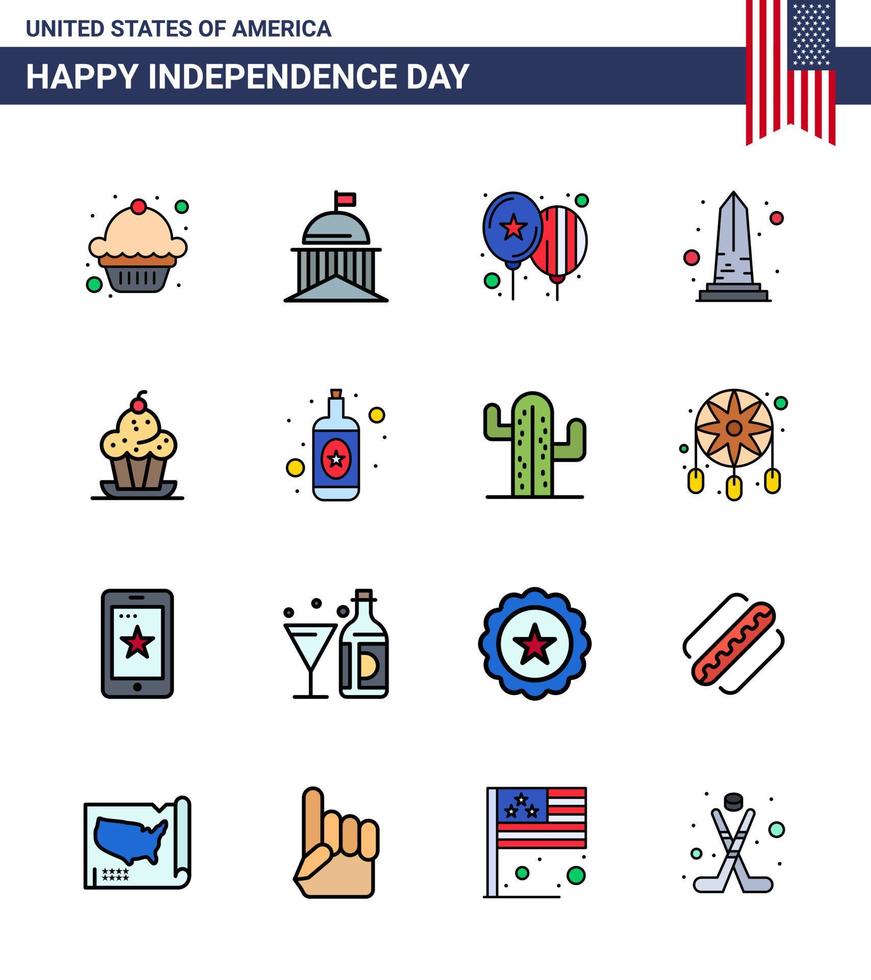 Happy Independence Day USA Pack of 16 Creative Flat Filled Lines of cake usa balloons sight landmark Editable USA Day Vector Design Elements