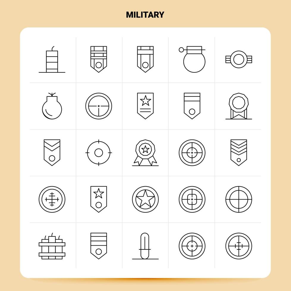 OutLine 25 Military Icon set Vector Line Style Design Black Icons Set Linear pictogram pack Web and Mobile Business ideas design Vector Illustration