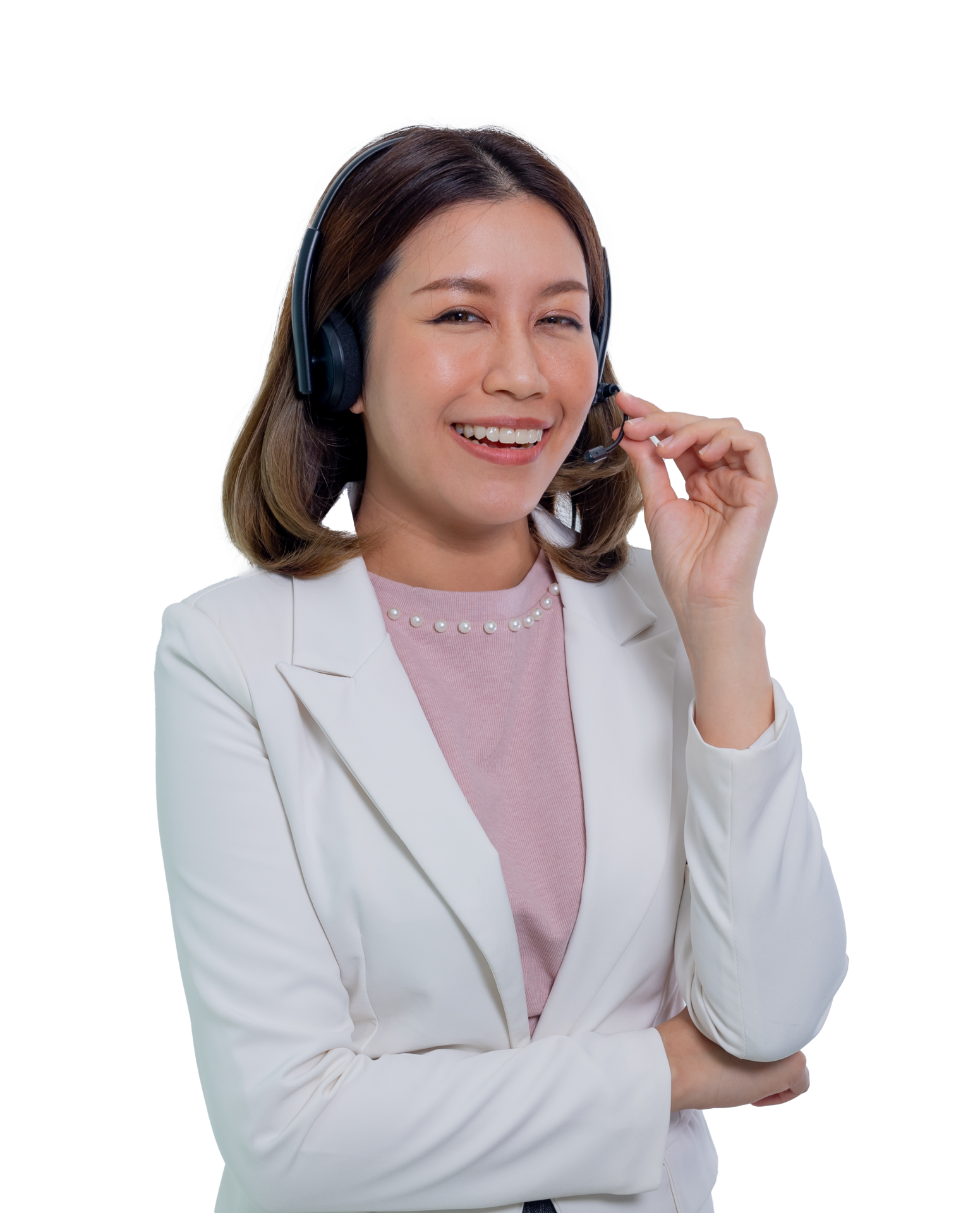 Support phone operator in headset. Asian businesswoman with headset