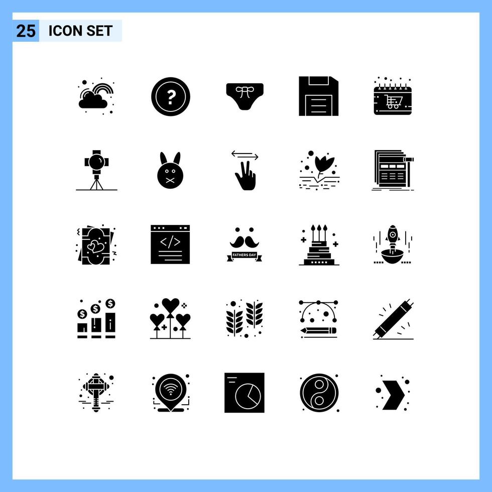 Set of 25 Vector Solid Glyphs on Grid for disc computers question clothing bikini Editable Vector Design Elements