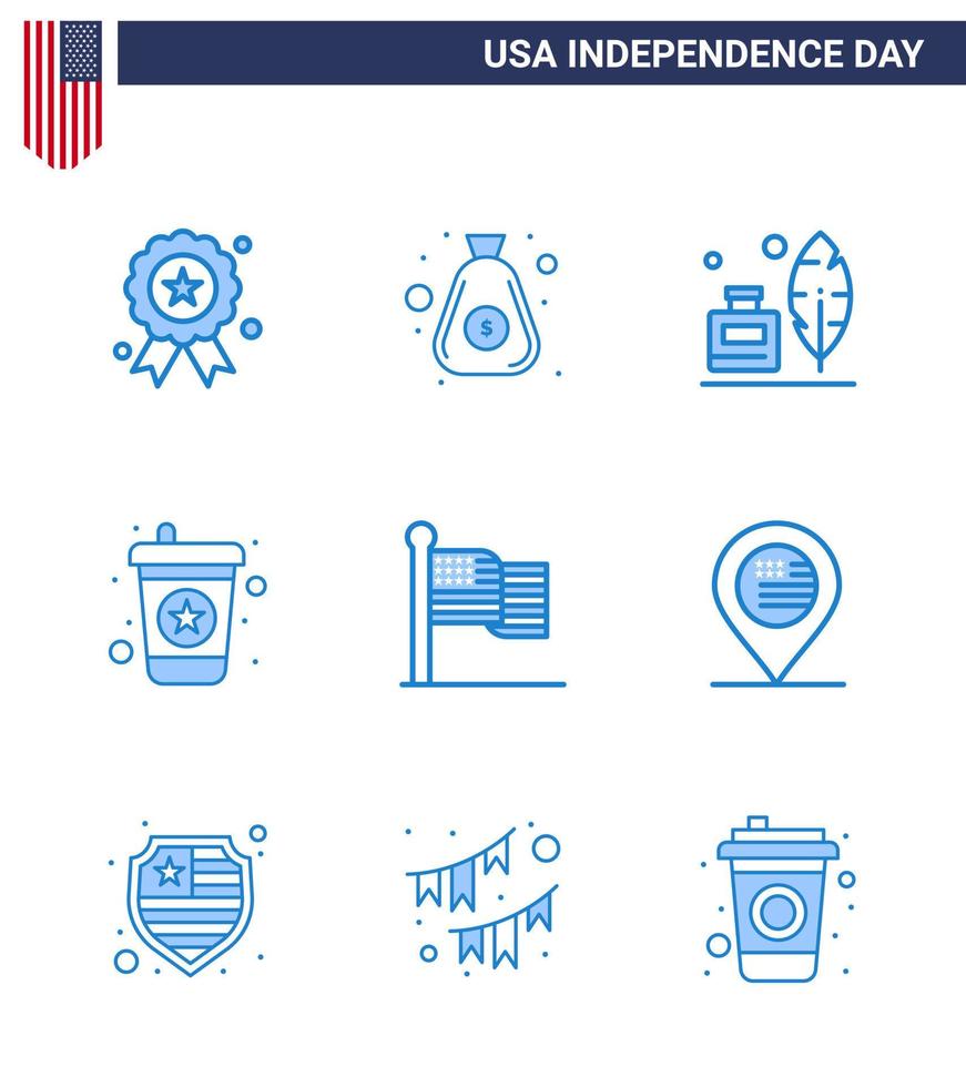 Happy Independence Day Pack of 9 Blues Signs and Symbols for thanksgiving american adobe soda beverage Editable USA Day Vector Design Elements