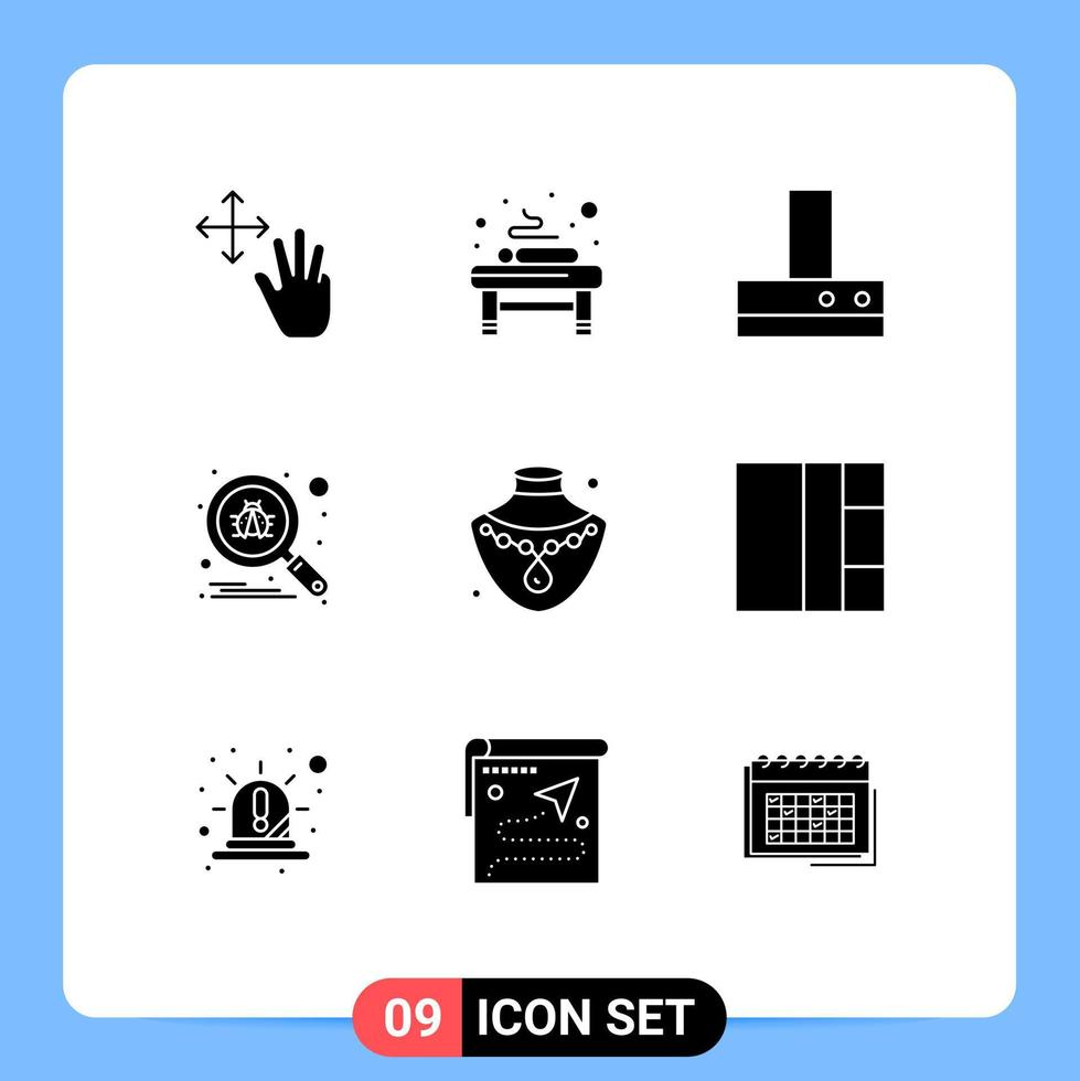 Mobile Interface Solid Glyph Set of 9 Pictograms of gold nacklace extractor secure scan Editable Vector Design Elements