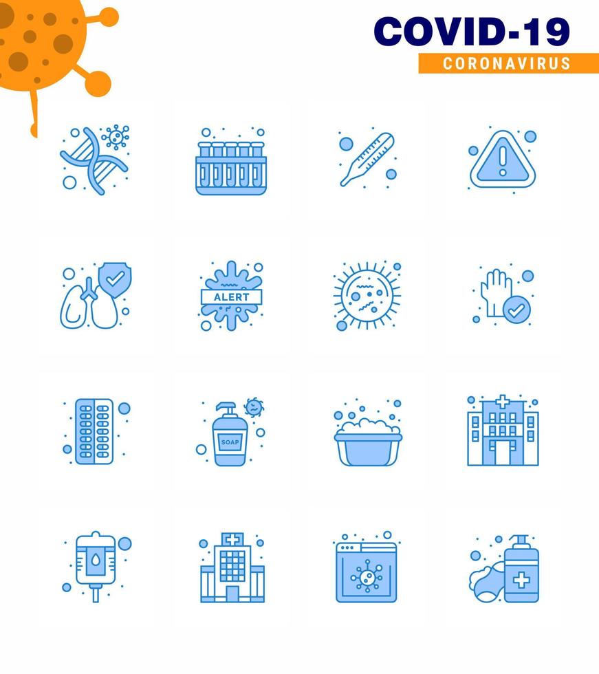 Coronavirus Prevention Set Icons 16 Blue icon such as lungs virus lab warning error viral coronavirus 2019nov disease Vector Design Elements