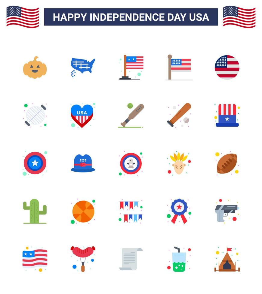 Happy Independence Day 4th July Set of 25 Flats American Pictograph of thanksgiving american flag usa states Editable USA Day Vector Design Elements