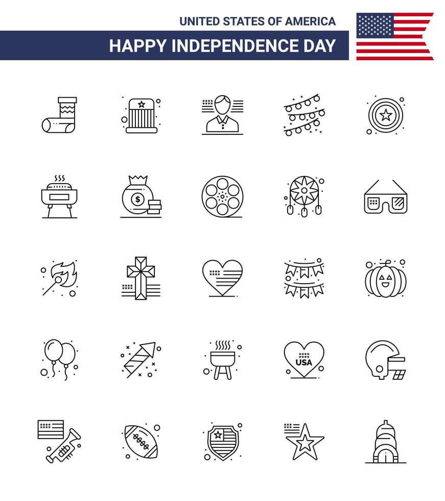 Editable Vector Line Pack of USA Day 25 Simple Lines of barbeque star man police party decoration Editable USA Day Vector Design Elements