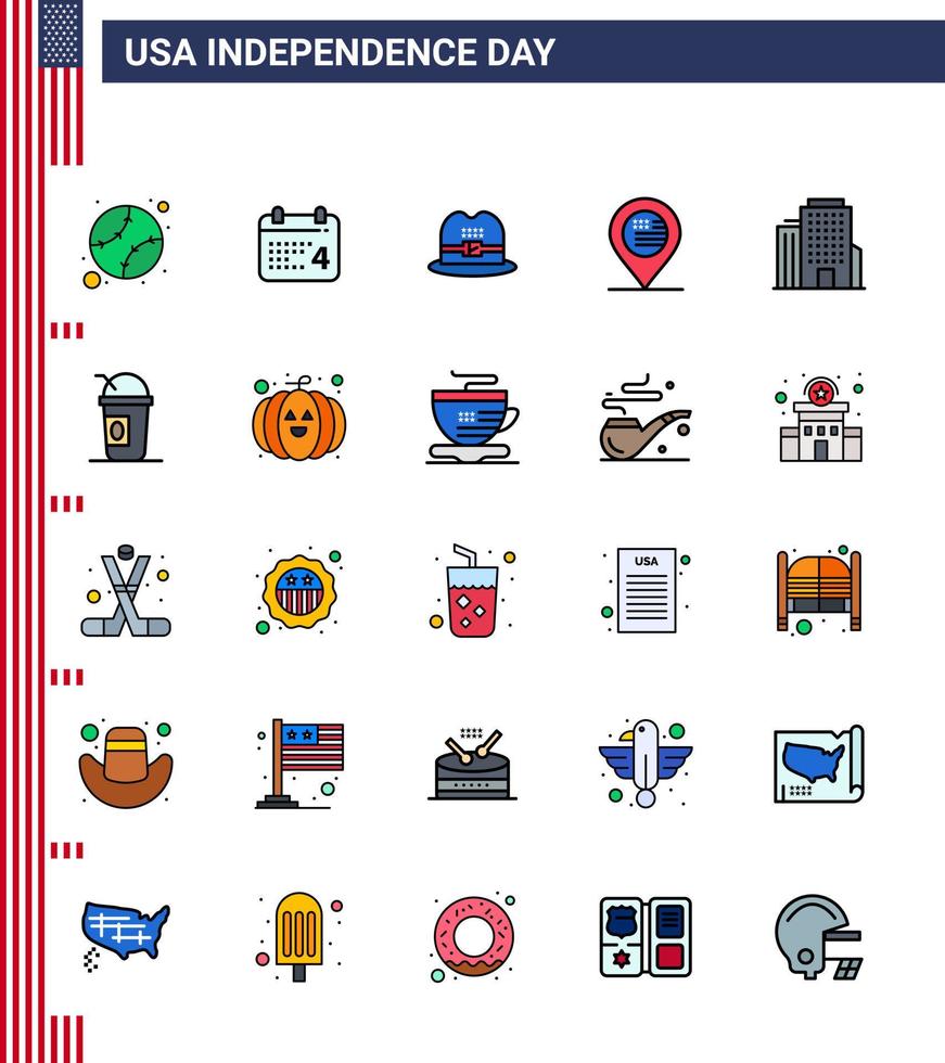 Happy Independence Day 4th July Set of 25 Flat Filled Lines American Pictograph of american building hat sign location Editable USA Day Vector Design Elements