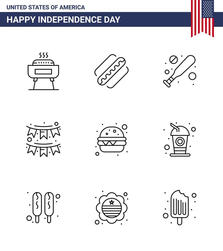 feliz día de la independencia paquete de iconos de 9 líneas para web e impresión comida rápida garland fiesta de béisbol empavesados elementos de diseño vectorial del día de estados unidos editables vector