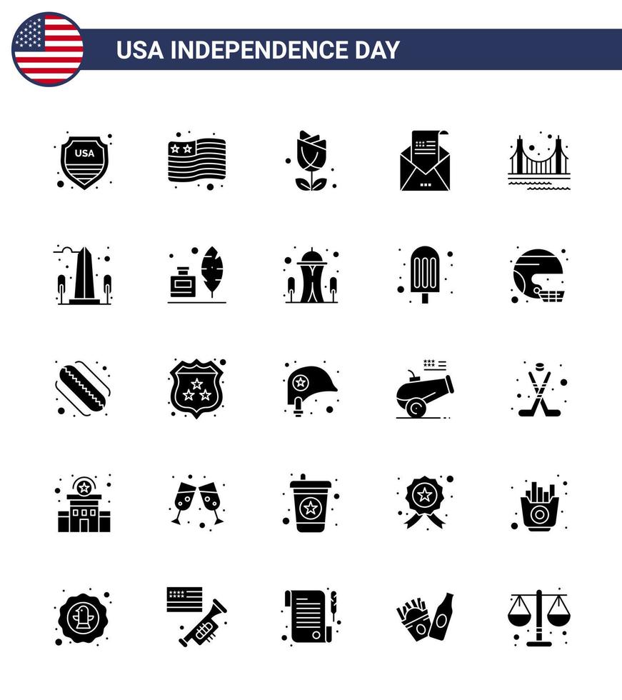 Big Pack of 25 USA Happy Independence Day USA Vector Solid Glyph and Editable Symbols of gate mail imerican invitation envelope Editable USA Day Vector Design Elements