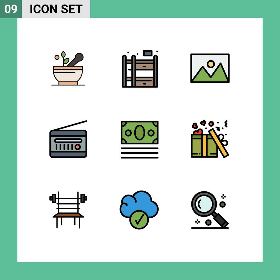 Editable Vector Line Pack of 9 Simple Filledline Flat Colors of ecommerce radio receiver home radio audio broadcasting Editable Vector Design Elements