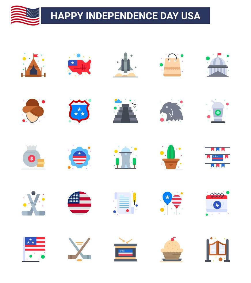 Editable Vector Flat Pack of USA Day 25 Simple Flats of house shop rocket packages bag Editable USA Day Vector Design Elements