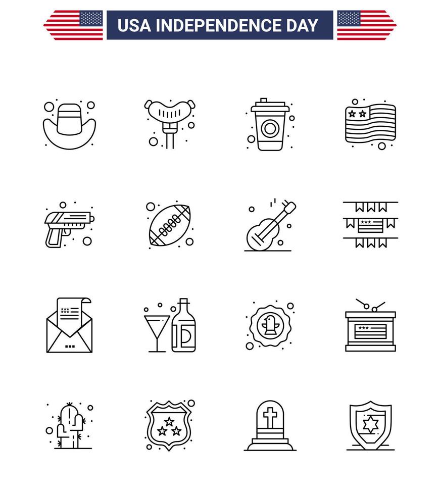 Happy Independence Day 16 Lines Icon Pack for Web and Print rugby weapon drink army gun Editable USA Day Vector Design Elements