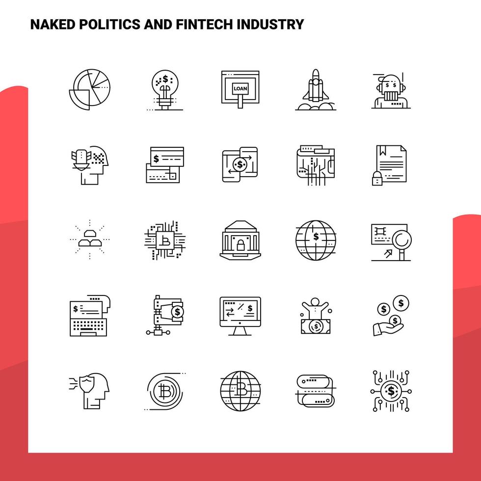 conjunto de iconos de línea de política desnuda e industria fintech conjunto 25 iconos diseño de estilo minimalista vectorial conjunto de iconos negros paquete de pictogramas lineales vector