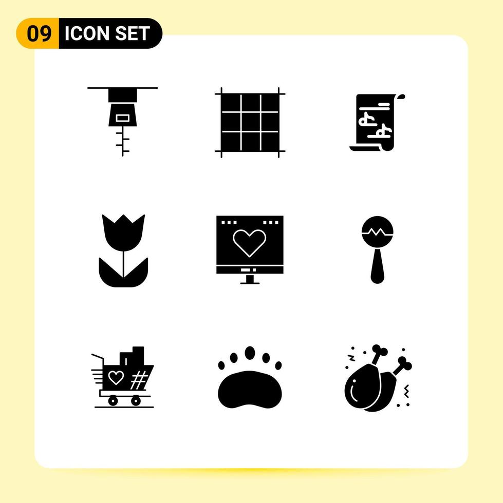 Pack of 9 Modern Solid Glyphs Signs and Symbols for Web Print Media such as maracas money flower love finance Editable Vector Design Elements