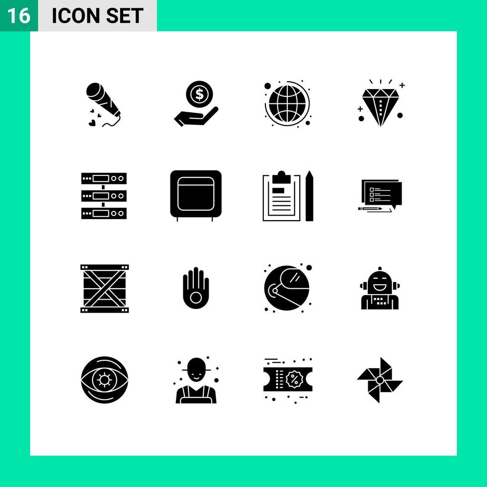 Group of 16 Solid Glyphs Signs and Symbols for server event dollar diamond strategy Editable Vector Design Elements