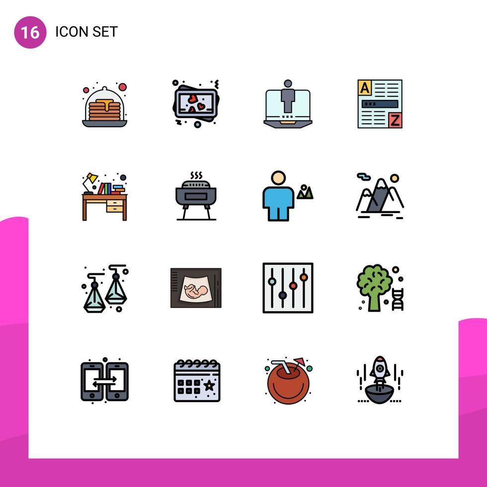 User Interface Pack of 16 Basic Flat Color Filled Lines of table desk hardware books code Editable Creative Vector Design Elements