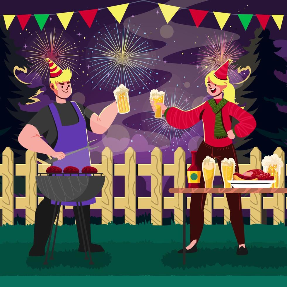 Celebrating New Year Fireworks With BBQ vector