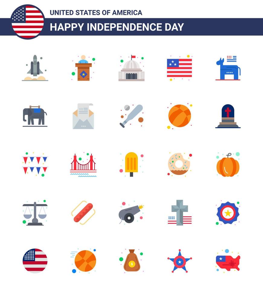 Big Pack of 25 USA Happy Independence Day USA Vector Flats and Editable Symbols of donkey flag sign country landmark Editable USA Day Vector Design Elements