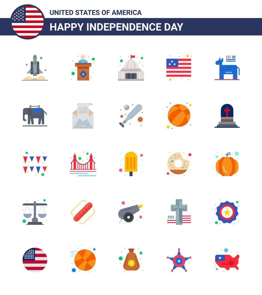 paquete grande de 25 estados unidos feliz día de la independencia estados unidos vector pisos y símbolos editables de burro bandera signo país hito elementos editables de diseño de vector de día de estados unidos