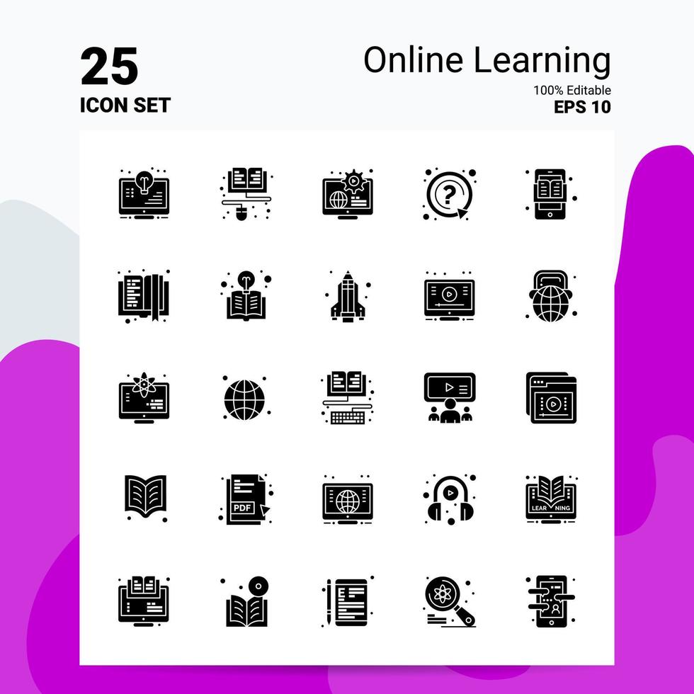 25 Online Learning Icon Set 100 Editable EPS 10 Files Business Logo Concept Ideas Solid Glyph icon design vector