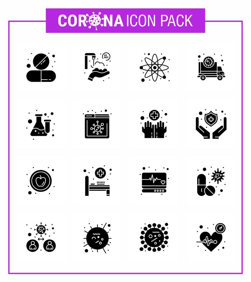 16 Solid Glyph Black Coronavirus disease and prevention vector icon virus pandemic washing corona research viral coronavirus 2019nov disease Vector Design Elements